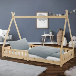 Lit d'enfants Tipi 90x200 cm naturel indien en bois de pin avec sommier et clôture de jeu><noscript><img width=