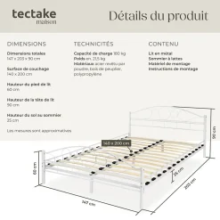 Lit design moderne avec sommier de Style romantique 140 x 200 cm blanc><noscript><img width=
