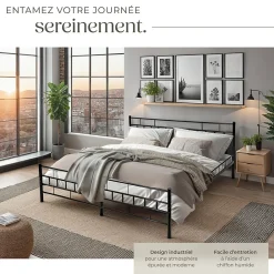 Tectake Lit design moderne en acier avec sommier 140 x 200 cm noir* Sommier