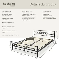 Tectake Lit design moderne en acier avec sommier 140 x 200 cm noir* Sommier