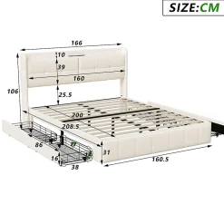 Generique Lit double 160 x 200 avec 4 tiroir,Lit rembourré 160 x 200 avec chargement USB,PU,Beige* Lit Double
