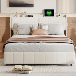Generique Lit double 160 x 200 avec 4 tiroir,Lit rembourré 160 x 200 avec chargement USB,PU,Beige* Lit Double