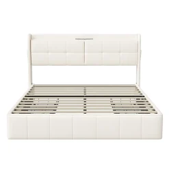 Generique Lit double 160 x 200 avec 4 tiroir,Lit rembourré 160 x 200 avec chargement USB,PU,Beige* Lit Double