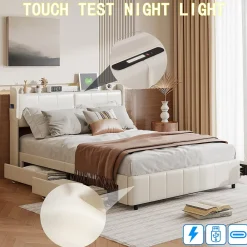 Generique Lit double 160 x 200 avec 4 tiroir,Lit rembourré 160 x 200 avec chargement USB,PU,Beige* Lit Double