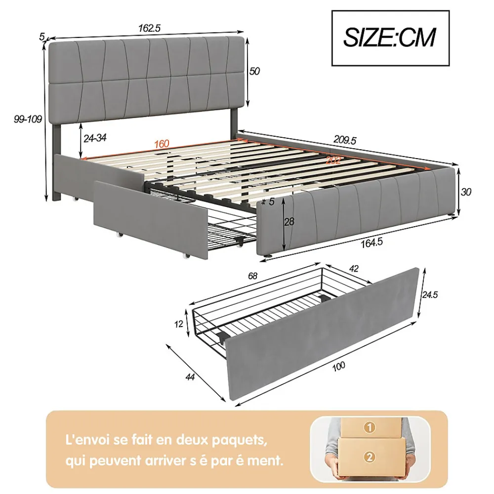 lit double 160 x 200 avec 4 tiroirs,lit capitonné avec sommier à lattes en bois,Tissu velours doux pour la peau,Gris>Generique Hot