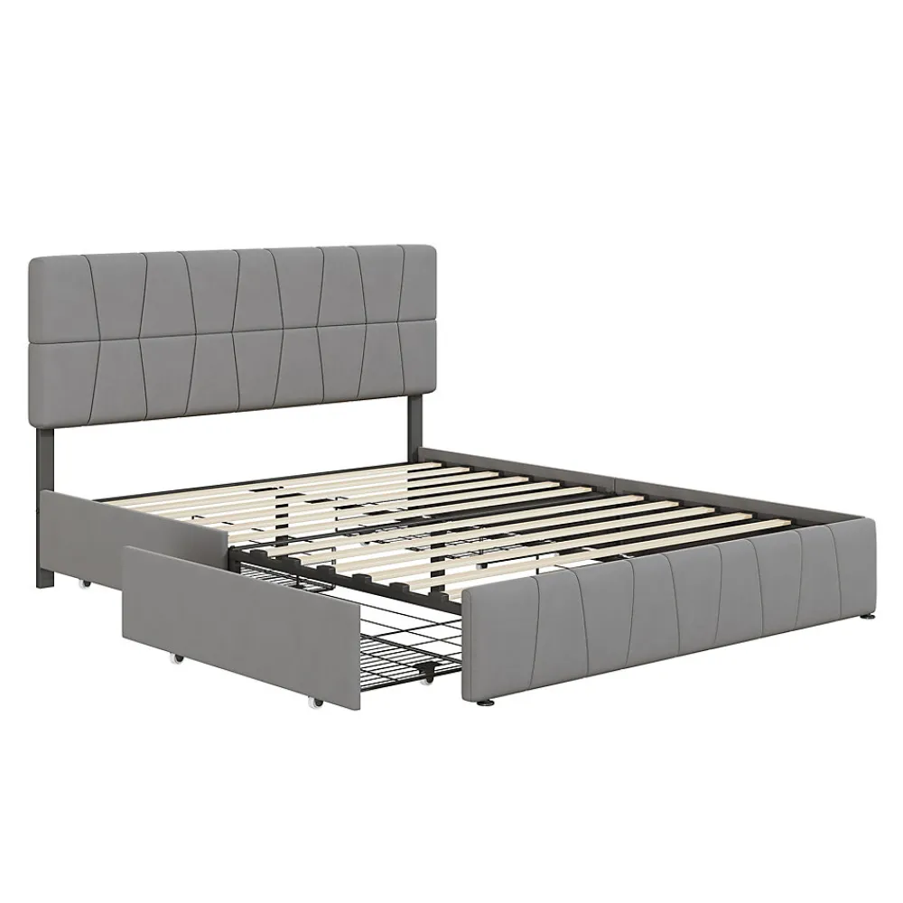 lit double 160 x 200 avec 4 tiroirs,lit capitonné avec sommier à lattes en bois,Tissu velours doux pour la peau,Gris>Generique Hot
