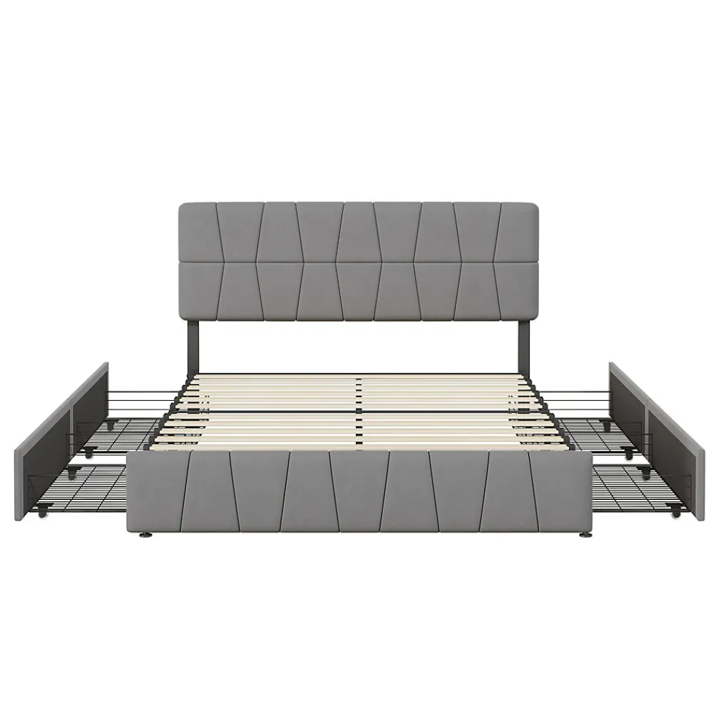 lit double 160 x 200 avec 4 tiroirs,lit capitonné avec sommier à lattes en bois,Tissu velours doux pour la peau,Gris>Generique Hot