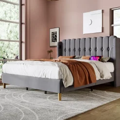Generique Lit Double 180 x 200 Cm - Lit Adult avec Chargement USB Type-C - Lin, MDF, Métal - Sans Matelas - Gris* Lit Simple