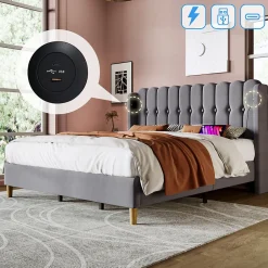 Generique Lit Double 180 x 200 Cm - Lit Adult avec Chargement USB Type-C - Lin, MDF, Métal - Sans Matelas - Gris* Lit Simple
