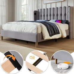 Okwish Lit Double 140 x 200 Cm - Lit Adult avec Chargement USB Type-C - Lin, MDF, Métal - Sans Matelas - Gris* Lit Double
