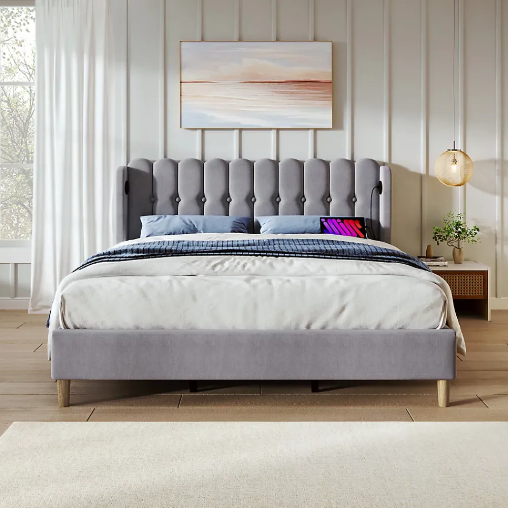Okwish Lit Double 140 x 200 Cm - Lit Adult avec Chargement USB Type-C - Lin, MDF, Métal - Sans Matelas - Gris* Lit Double