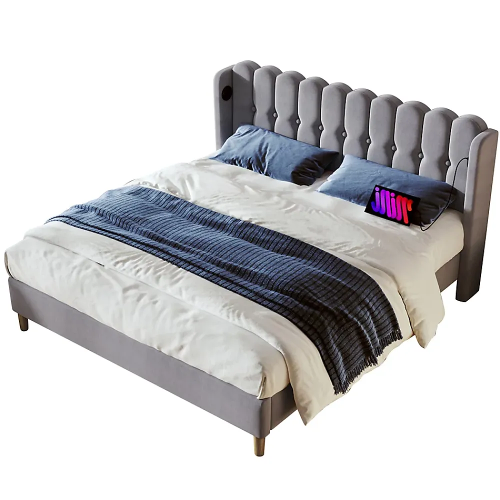 Okwish Lit Double 140 x 200 Cm - Lit Adult avec Chargement USB Type-C - Lin, MDF, Métal - Sans Matelas - Gris* Lit Double