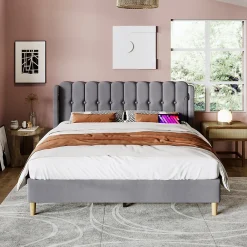 Okwish Lit Double 140 x 200 Cm - Lit Adult avec Chargement USB Type-C - Lin, MDF, Métal - Sans Matelas - Gris* Lit Double