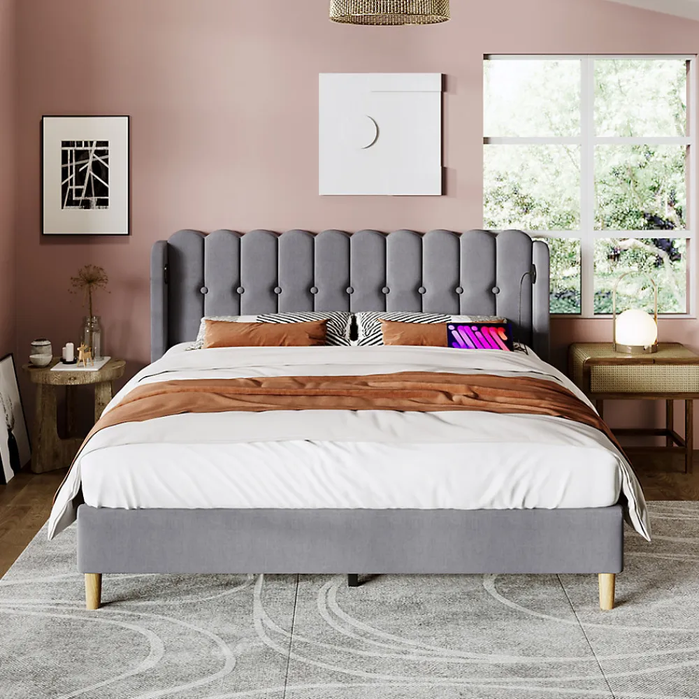 Okwish Lit Double 140 x 200 Cm - Lit Adult avec Chargement USB Type-C - Lin, MDF, Métal - Sans Matelas - Gris* Lit Double