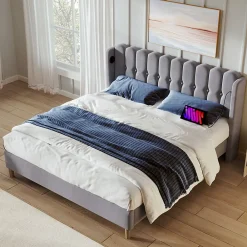 Okwish Lit Double 140 x 200 Cm - Lit Adult avec Chargement USB Type-C - Lin, MDF, Métal - Sans Matelas - Gris* Lit Double