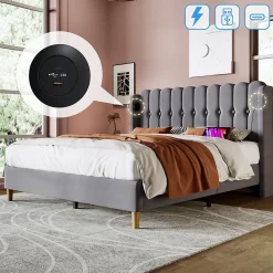 Okwish Lit Double 140 x 200 Cm - Lit Adult avec Chargement USB Type-C - Lin, MDF, Métal - Sans Matelas - Gris* Lit Double