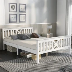 Lit double 140 x 200 cm - Lit classique avec tête de lit et sommier à lattes - Pin massif + MDF - Sans Matelas - Blanc>Okwish Best