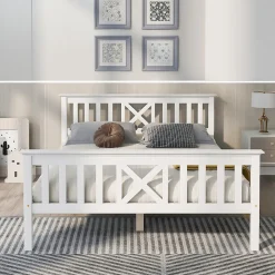 Lit double 140 x 200 cm - Lit classique avec tête de lit et sommier à lattes - Pin massif + MDF - Sans Matelas - Blanc>Okwish Best
