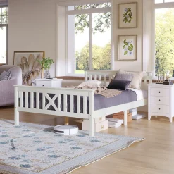 Lit double 140 x 200 cm - Lit classique avec tête de lit et sommier à lattes - Pin massif + MDF - Sans Matelas - Blanc><noscript><img width=