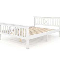 Lit double 140 x 200 cm - Lit classique avec tête de lit et sommier à lattes - Pin massif + MDF - Sans Matelas - Blanc><noscript><img width=