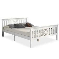 Lit double 140 x 200 cm - Lit classique avec tête de lit et sommier à lattes - Pin massif + MDF - Sans Matelas - Blanc><noscript><img width=