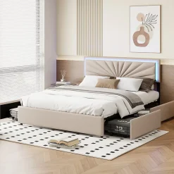 Simple Life Lit Double 160 X 200 Cm Avec 4 Tiroirs, Cadre De Lit Avec LED Et Sommier à Lattes, Lin, Beige* Lit Coffre