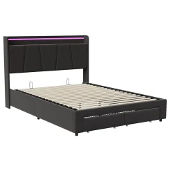 Lit Double 140 X 200 Cm Avec Éclairage LED, Prise USB, Rangement, Tête De Lit Capitonnée, Noir>Fortuna lai Online