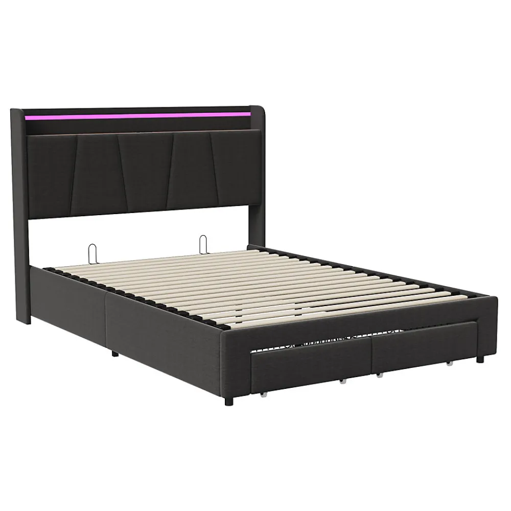 Lit Double 140 X 200 Cm Avec Éclairage LED, Prise USB, Rangement, Tête De Lit Capitonnée, Noir>Fortuna lai Online