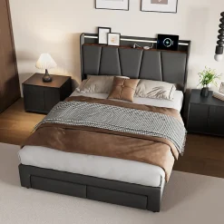 Lit Double 140 X 200 Cm Avec Éclairage LED, Prise USB, Rangement, Tête De Lit Capitonnée, Noir>Fortuna lai Online