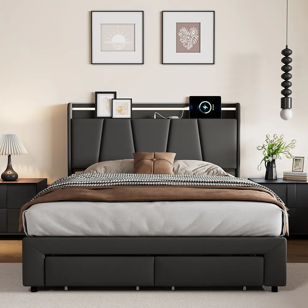 Lit Double 140 X 200 Cm Avec Éclairage LED, Prise USB, Rangement, Tête De Lit Capitonnée, Noir>Fortuna lai Online
