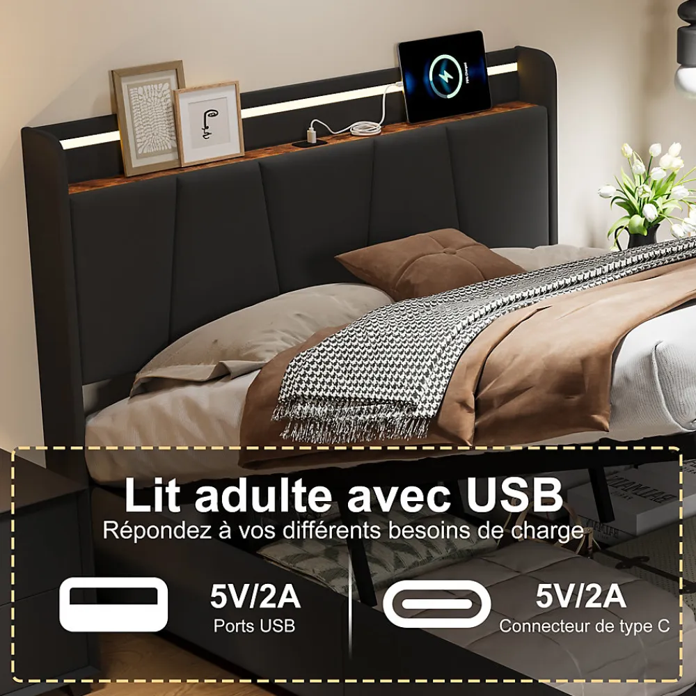 Lit Double 140 X 200 Cm Avec Éclairage LED, Prise USB, Rangement, Tête De Lit Capitonnée, Noir>Fortuna lai Online
