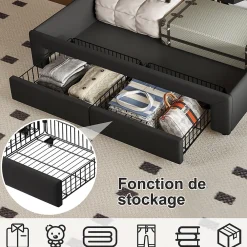 Lit Double 140 X 200 Cm Avec Éclairage LED, Prise USB, Rangement, Tête De Lit Capitonnée, Noir><noscript><img width=