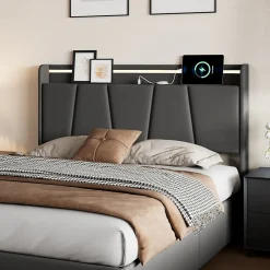 Lit Double 140 X 200 Cm Avec Éclairage LED, Prise USB, Rangement, Tête De Lit Capitonnée, Noir><noscript><img width=