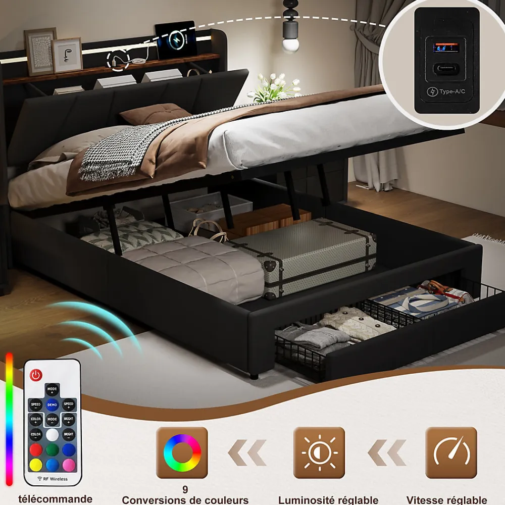 Lit Double 140 X 200 Cm Avec Éclairage LED, Prise USB, Rangement, Tête De Lit Capitonnée, Noir>Fortuna lai Online