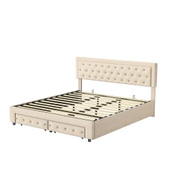 Simple Life Lit Double 180 X 200 Cm Avec Coffre Et Tiroirs,velours,sommier à Lattes,lit Hydraulique, Beige* Lit Coffre