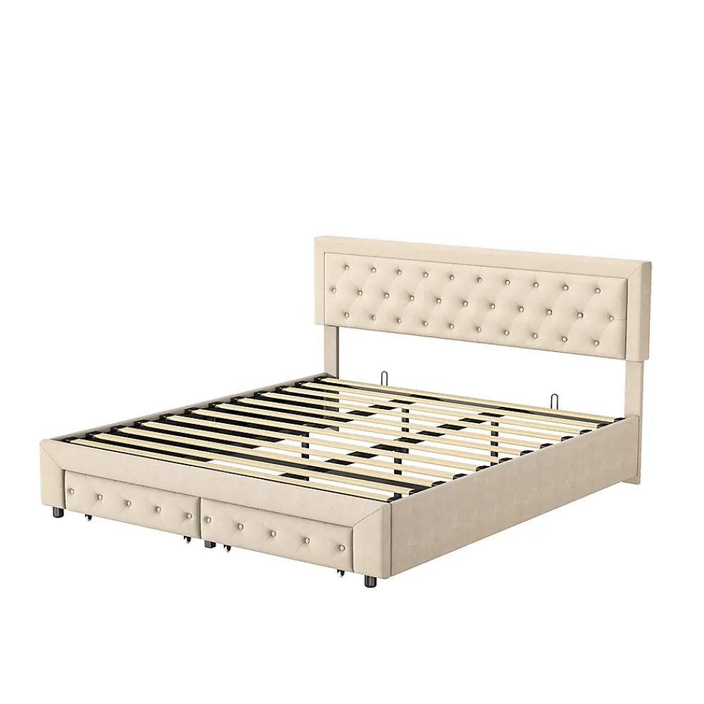 Simple Life Lit Double 180 X 200 Cm Avec Coffre Et Tiroirs,velours,sommier à Lattes,lit Hydraulique, Beige* Lit Coffre