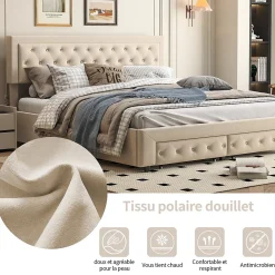 Simple Life Lit Double 180 X 200 Cm Avec Coffre Et Tiroirs,velours,sommier à Lattes,lit Hydraulique, Beige* Lit Coffre
