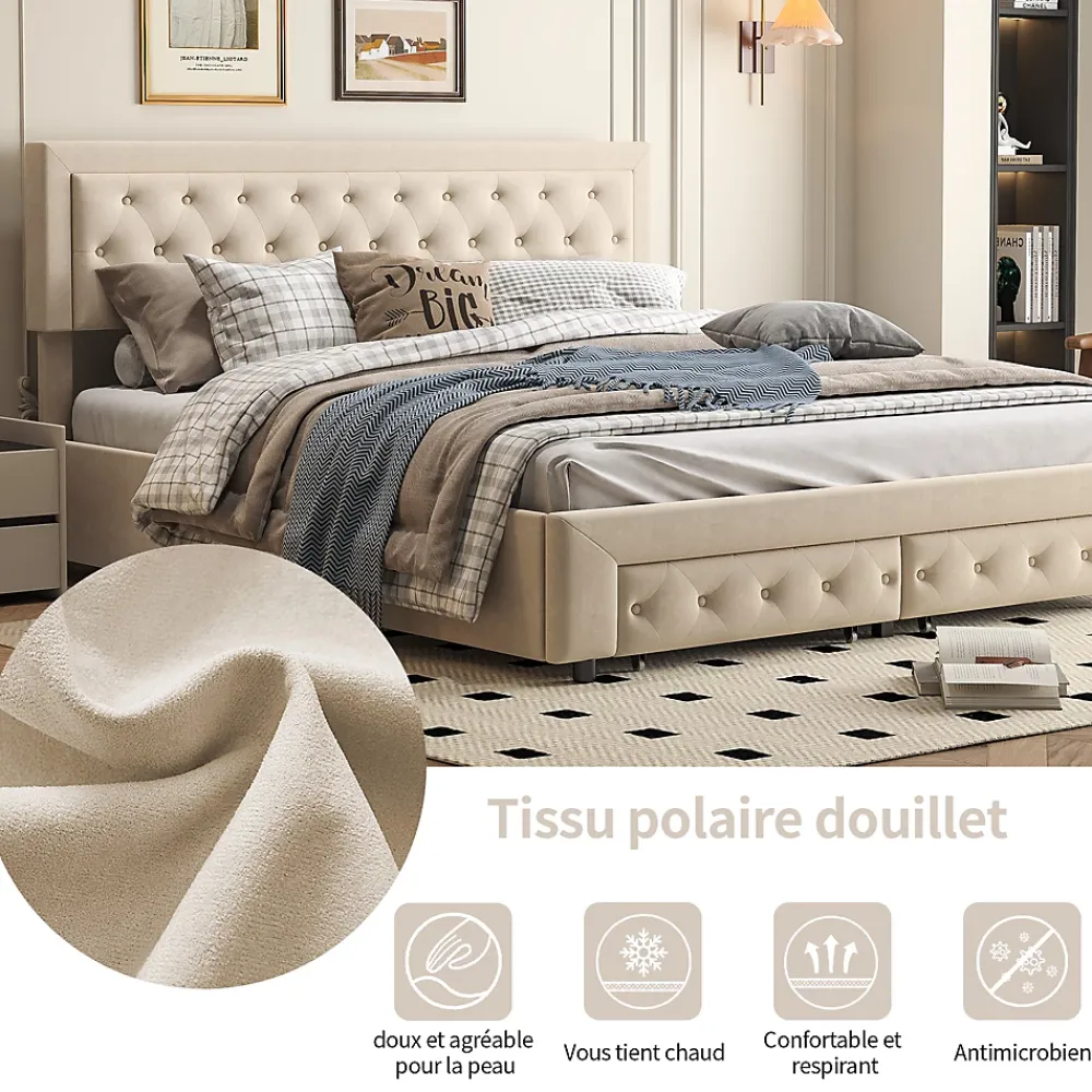Simple Life Lit Double 180 X 200 Cm Avec Coffre Et Tiroirs,velours,sommier à Lattes,lit Hydraulique, Beige* Lit Coffre