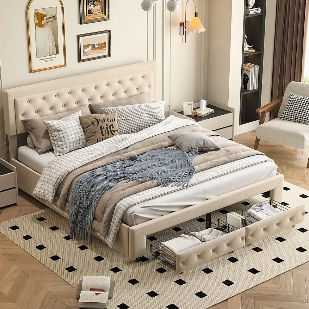 Simple Life Lit Double 180 X 200 Cm Avec Coffre Et Tiroirs,velours,sommier à Lattes,lit Hydraulique, Beige* Lit Coffre