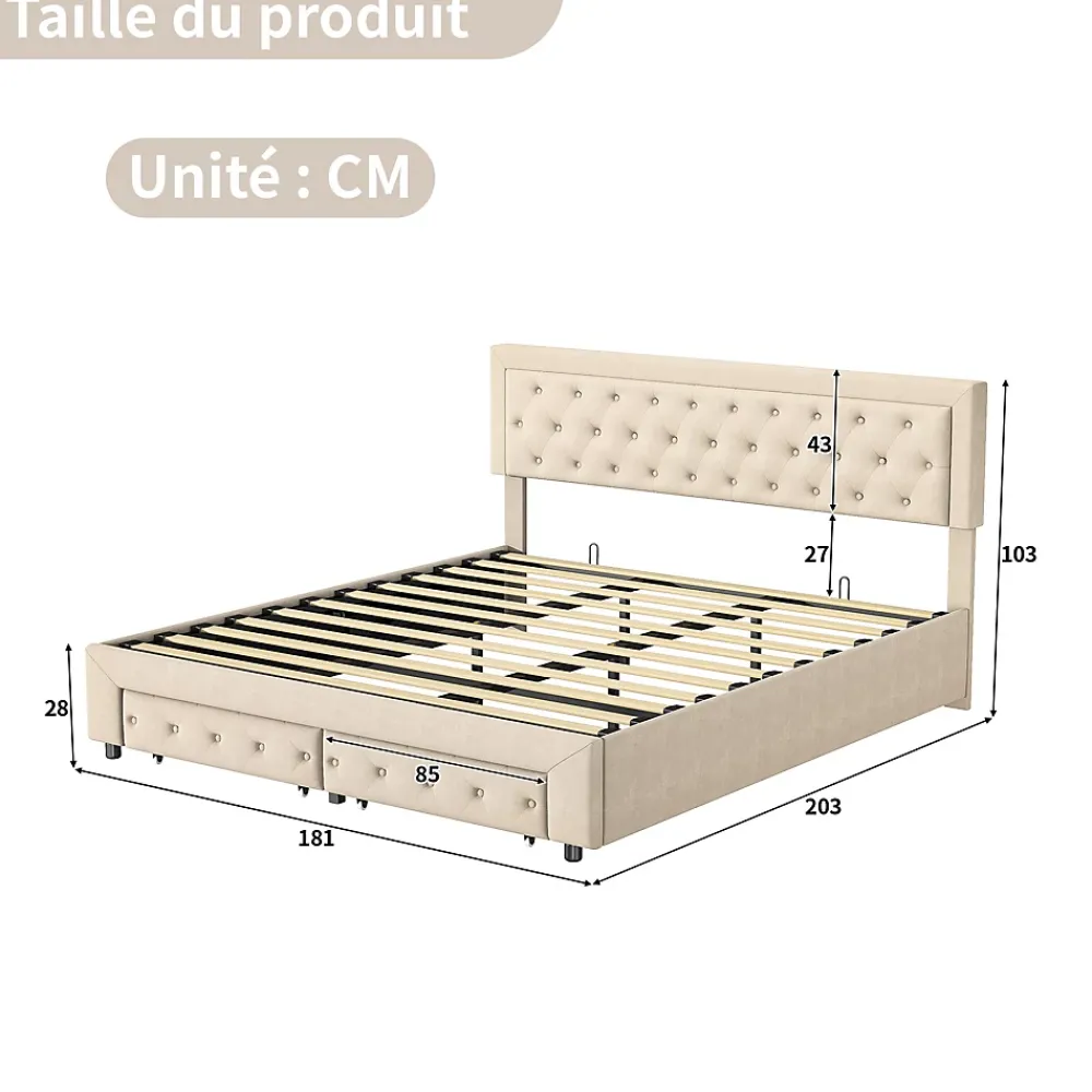 Simple Life Lit Double 180 X 200 Cm Avec Coffre Et Tiroirs,velours,sommier à Lattes,lit Hydraulique, Beige* Lit Coffre