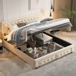 Simple Life Lit Double 180 X 200 Cm Avec Coffre Et Tiroirs,velours,sommier à Lattes,lit Hydraulique, Beige* Lit Coffre