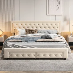 Simple Life Lit Double 180 X 200 Cm Avec Coffre Et Tiroirs,velours,sommier à Lattes,lit Hydraulique, Beige* Lit Coffre