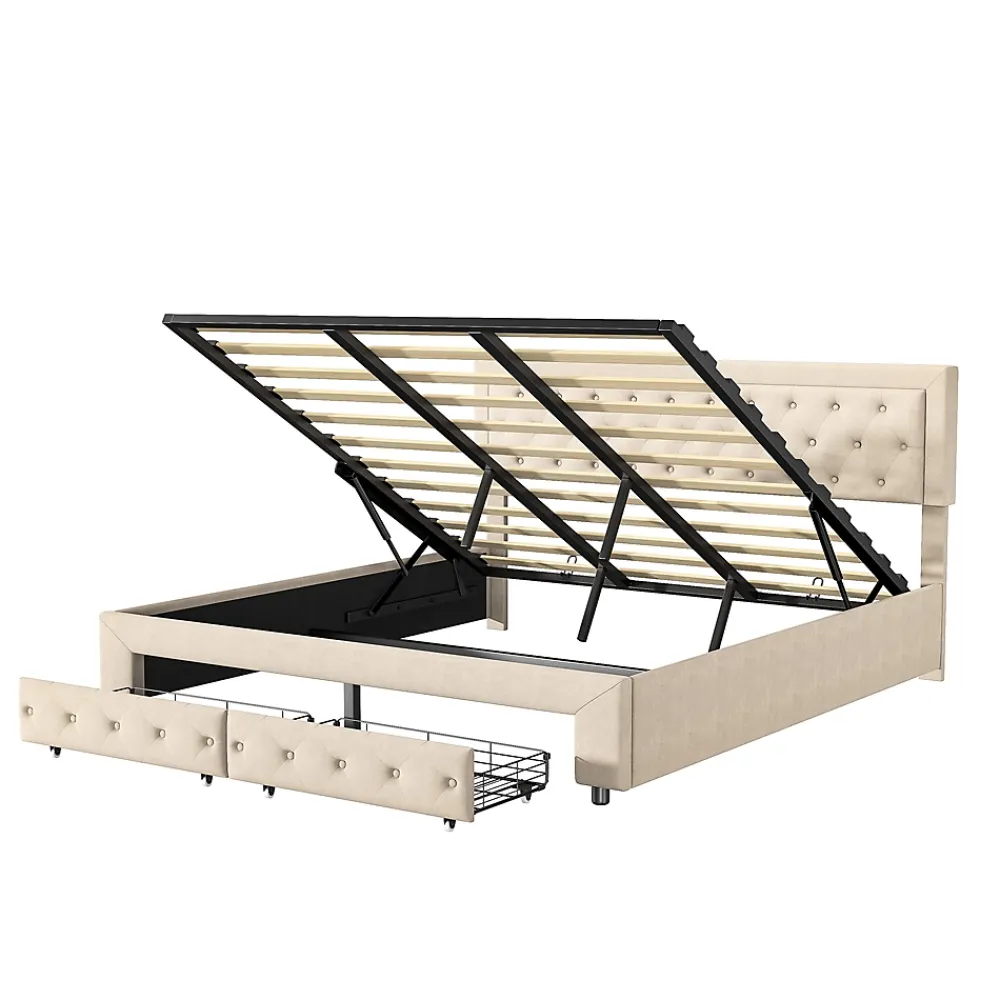 Simple Life Lit Double 180 X 200 Cm Avec Coffre Et Tiroirs,velours,sommier à Lattes,lit Hydraulique, Beige* Lit Coffre