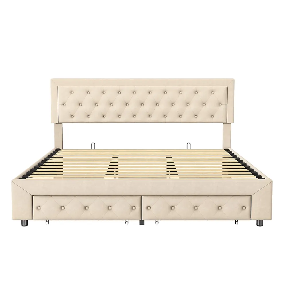 Simple Life Lit Double 180 X 200 Cm Avec Coffre Et Tiroirs,velours,sommier à Lattes,lit Hydraulique, Beige* Lit Coffre