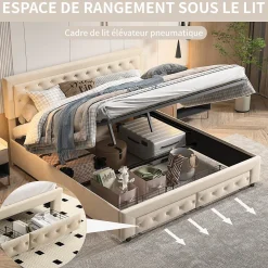 Simple Life Lit Double 180 X 200 Cm Avec Coffre Et Tiroirs,velours,sommier à Lattes,lit Hydraulique, Beige* Lit Coffre