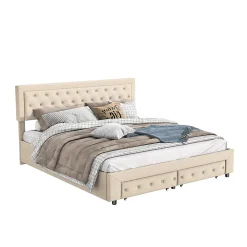 Lit Double 180 X 200 Cm Avec Coffre Et Tiroirs,velours,sommier à Lattes,lit Hydraulique, Beige>Simple Life New