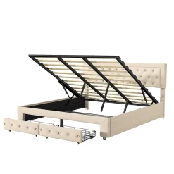 Lit Double 180 X 200 Cm Avec Coffre Et Tiroirs,velours,sommier à Lattes,lit Hydraulique, Beige><noscript><img width=