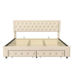 Lit Double 180 X 200 Cm Avec Coffre Et Tiroirs,velours,sommier à Lattes,lit Hydraulique, Beige><noscript><img width=