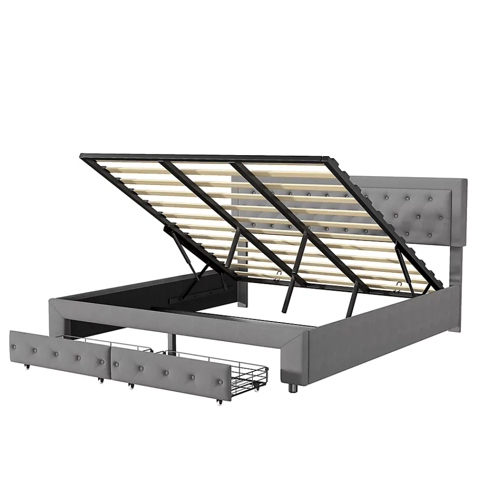 Simple Life Lit Double 180 X 200 Cm Avec Coffre Et Tiroirs,velours,sommier à Lattes,lit Hydraulique, Gris* Lit Coffre