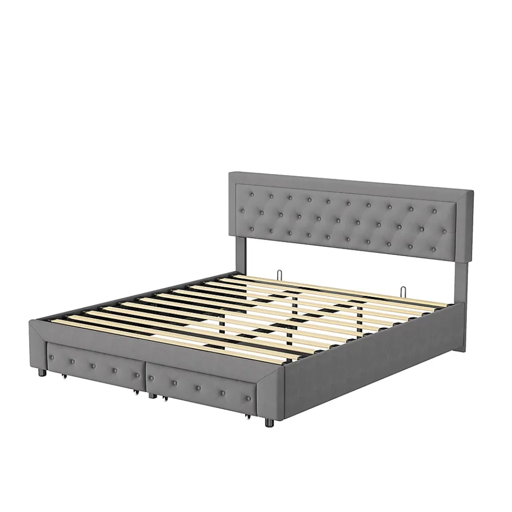 Simple Life Lit Double 180 X 200 Cm Avec Coffre Et Tiroirs,velours,sommier à Lattes,lit Hydraulique, Gris* Lit Coffre